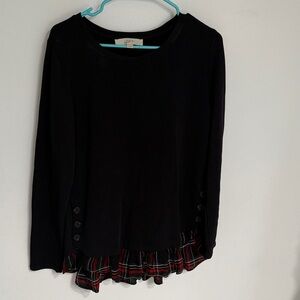 LOFT Black Long Sleeve Top with Plaid Ruffle Hem